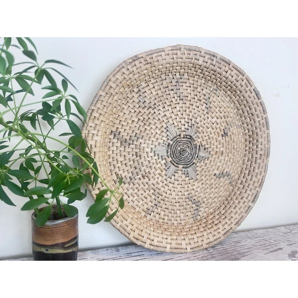 Vintage Large Rustic Primitive Woven Tray Basket Large Tan & Grey 16.5” Israel